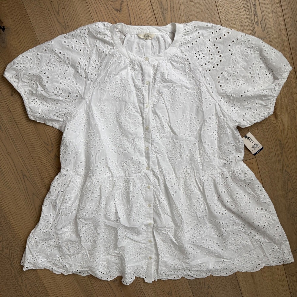 NEW Terra & Sky Eyelet Dress‎ Womens 2X Lined White Button Front Scalloped Hem